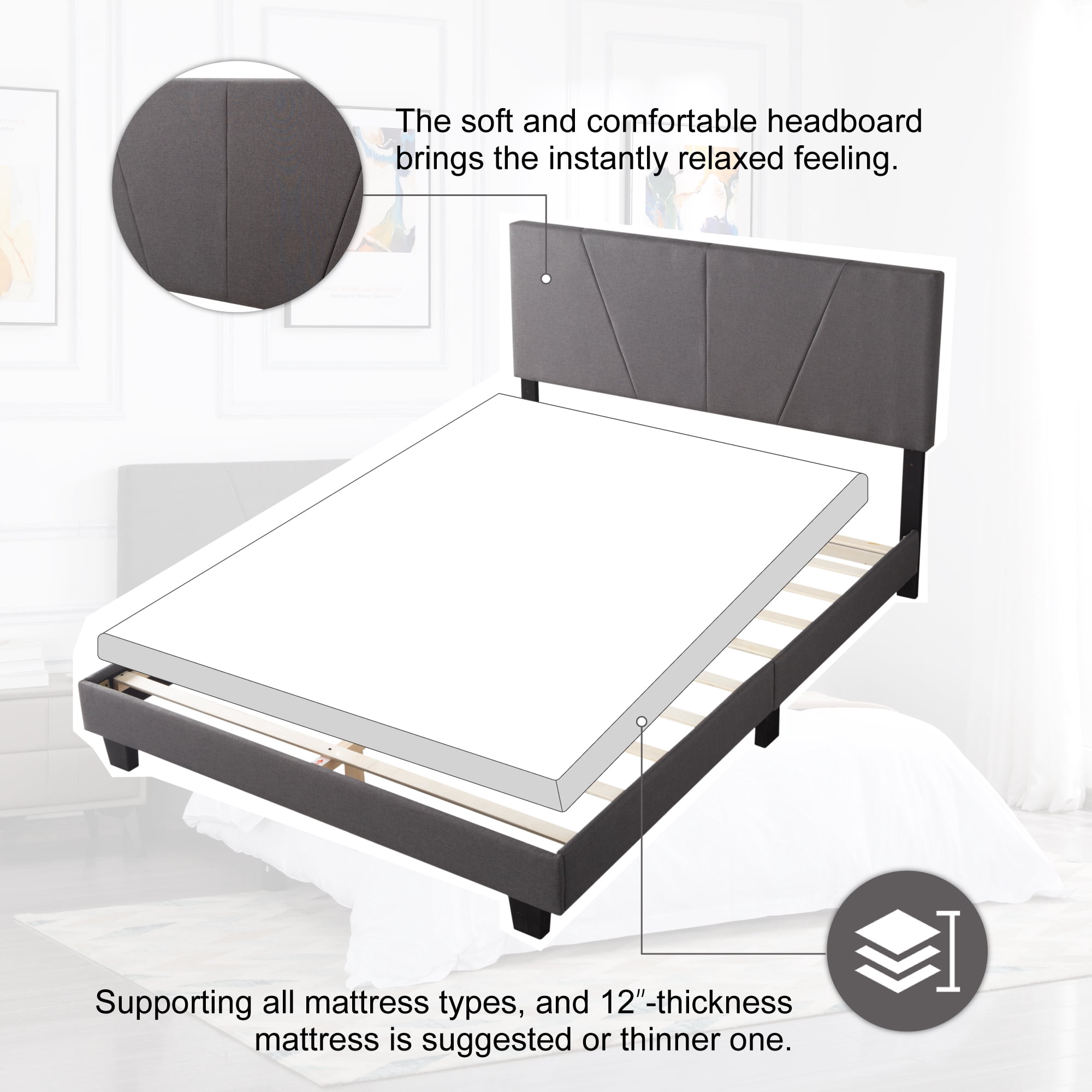 Gewnee Queen Size Platform Bed with Headboard,Fabric Upholstered Bed Frame,Strong Wood Slats Support,Easy Assembly,No Box Spring Needed（Dark Gray)