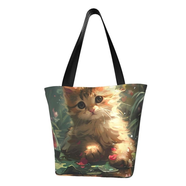 Fotbe Cute Kitten Water Lilies Bolsa de Playa con Estampado, Bolsa de Hombro, Bolsa de Mano Espaciosa, Bolsa de Viaje Ligera, Bolsa de Compras Versátil