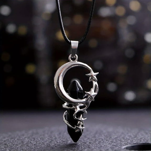 QQTDFG Black onyx Gems Moon Star Crystal Necklace Magic Reiki Healing Amulet-default