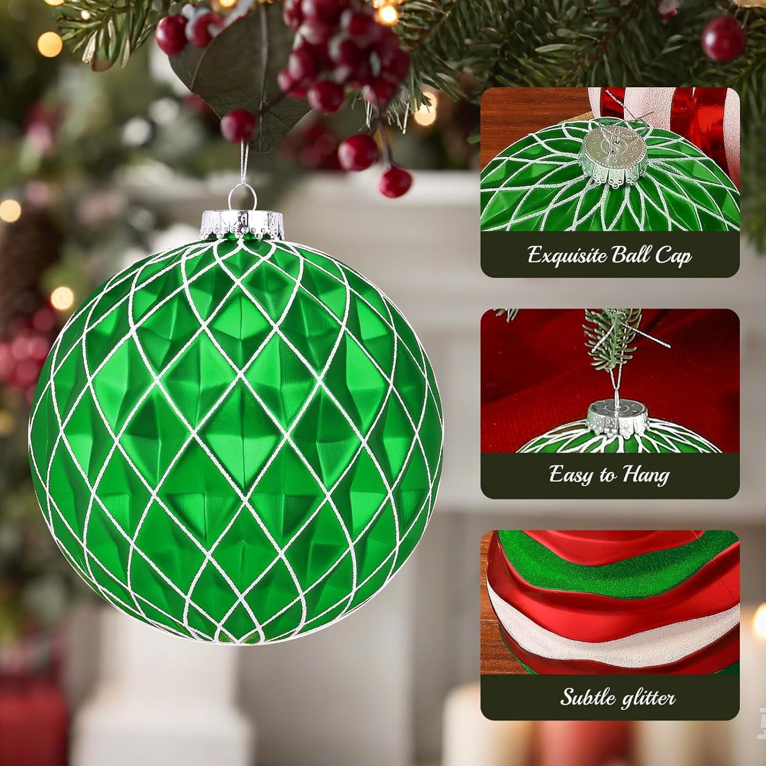 6"/150mm Large Christmas Ball Ornaments, 4Pcs Christmas Tree Decor, Shatterproof Hanging Decorations with Hooks, White & Silver Baubles for Xmas Tree, Wedding, Holiday and Party Decor