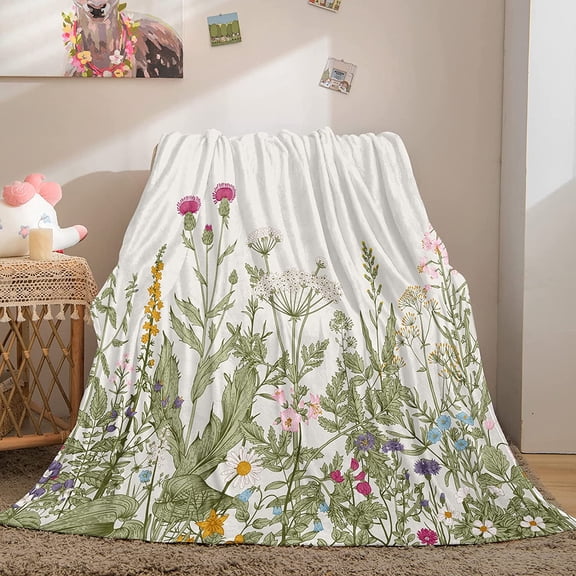 Floral Throw Blanket Vintage Herbs Blanket Colorful Wild Flowers Printed Flannel Fleece Blanket Soft Lightweight Plush Blanket for Bed Sofa Chair Office (Throw(50"x60"), Floral)
