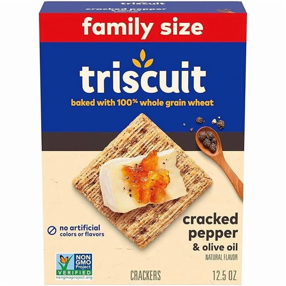Triscuit Cracked Pepper & Olive Oil Whole Grain Wheat Crackers, Lunch Snacks, Snack Crackers, Family Size, 12.5 Oz - Pack of 2