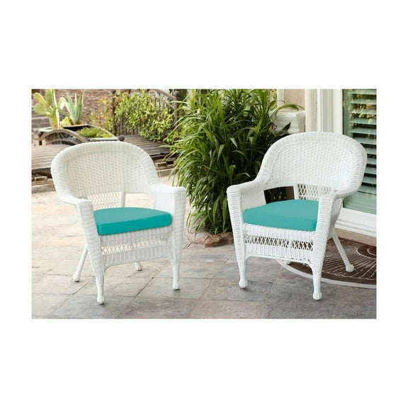 Jeco W00206-C-2-FS032-CS White Wicker Chair with Turquoise Cushion - Set of 2