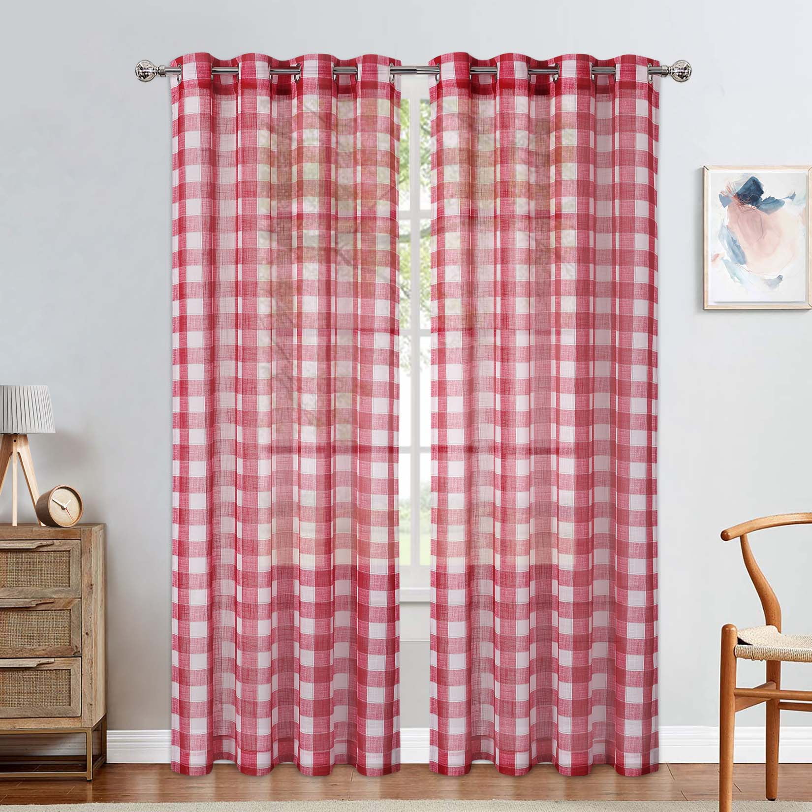 2 Panels Linen Textured Grommet Plaid Curtain, Semi Transparent Print