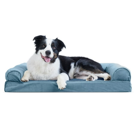 UPC: 0842229106787 | FurHaven Pet Products Faux Fur & Velvet Cooling Gel Memory Foam Sofa-Style Pet Bed for Dogs & Cats – Harbor Blue Large