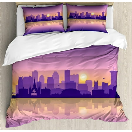 New Orleans Duvet Cover Set King Size, City Silhouette with Important Buildings in the Sunset Ombre Effect, Decorative 3 Piece Bedding Set with 2 Pillow Shams, Purple Yellow Violet, by