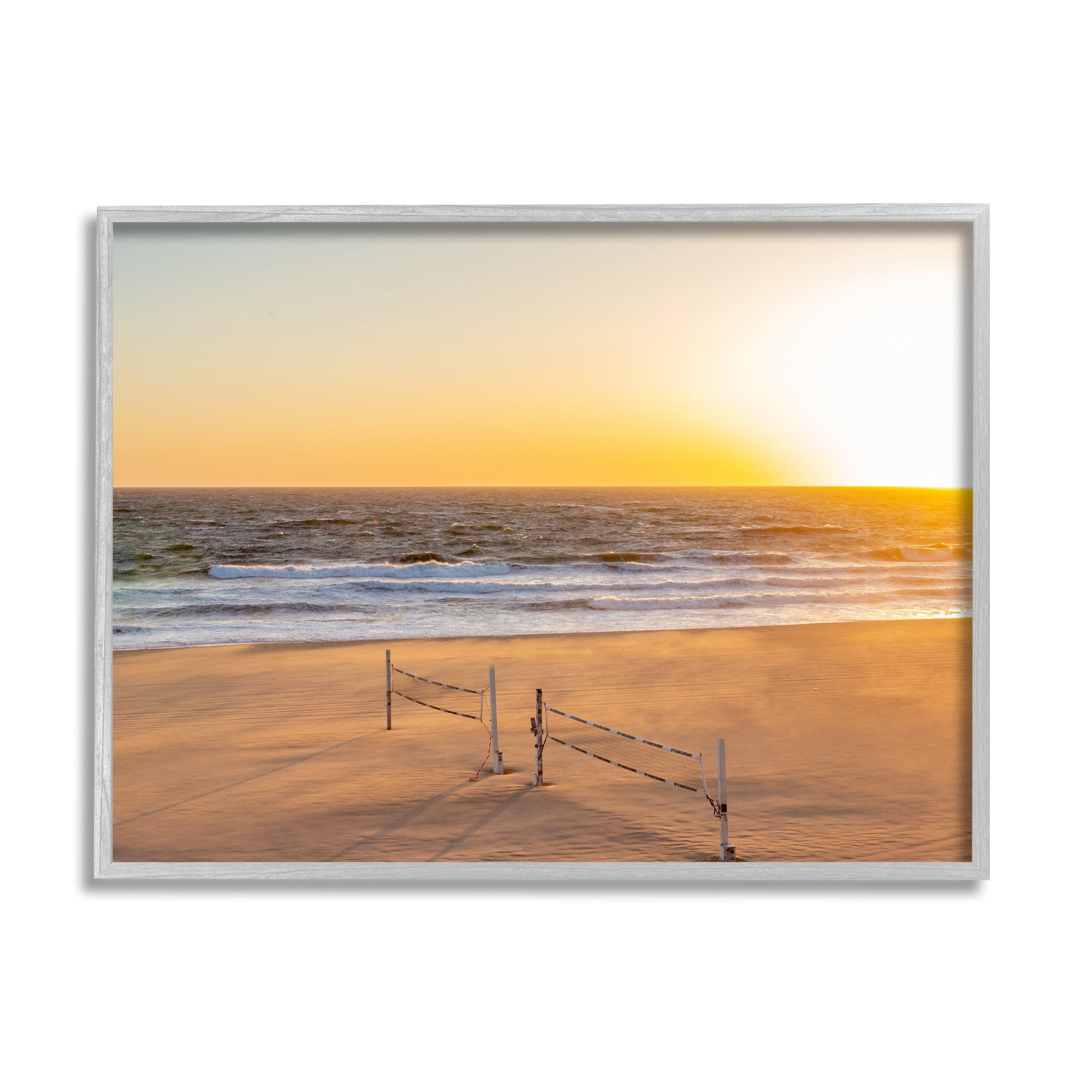 Stupell Industries Radiant Sunset Beach Volleyball Nets Ocean Shoreline Photograph Gray Framed Art Print Wall Art, Design by Jeff Poe Photography