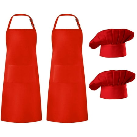 

Hyzrz 2 Pack Apron Chef Hat Set Adjustable Bib Cooking Aprons Water Drop Resistant Baker Kitchen Cooking for Women Men Chef (Red)