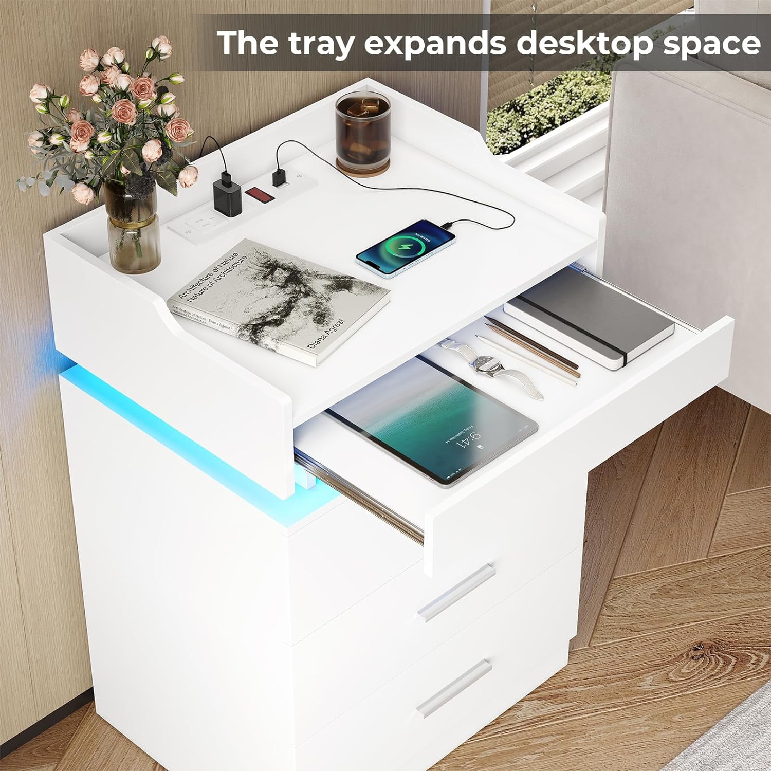 Afuhokles Nightstand with Charging Station and LED Lights, Night Stand with 3 Drawers, White