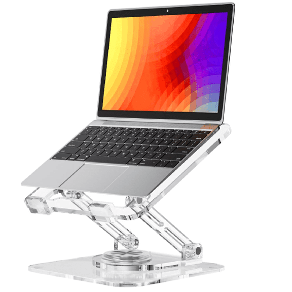 Laptop Stand for Desk - Adjustable, Foldable Clear Acrylic Riser with 360° Rotating Base, Ergonomic Laptop Holder for MacBook Pro/Air & 10-16” Notebooks