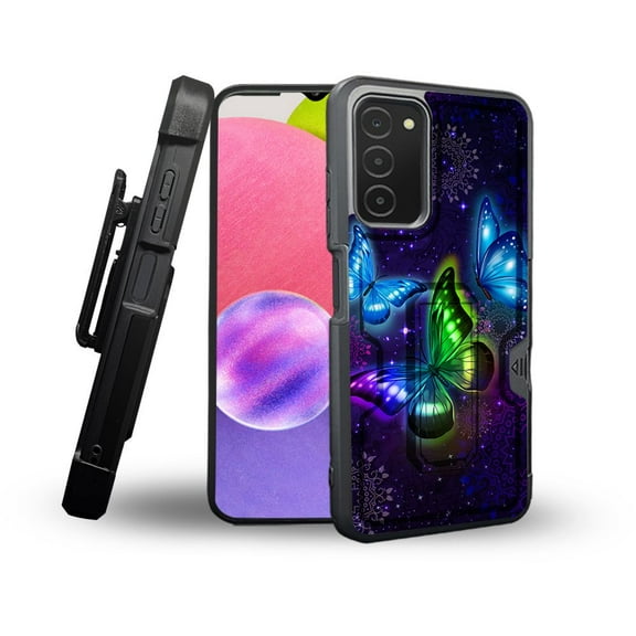 ANJ  Rugged Shockproof Holster Case Card Slot Kickstand   Tempered Glass Cover for Samsung Galaxy A03s - Twilight Butterfly