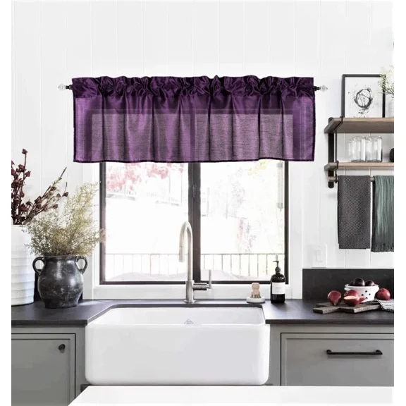 1 piece S18 luxury straight sheer faux silk window curtain valance for kitchen bathroom decor with rod pocket on top plum color 55" wide X 18" long