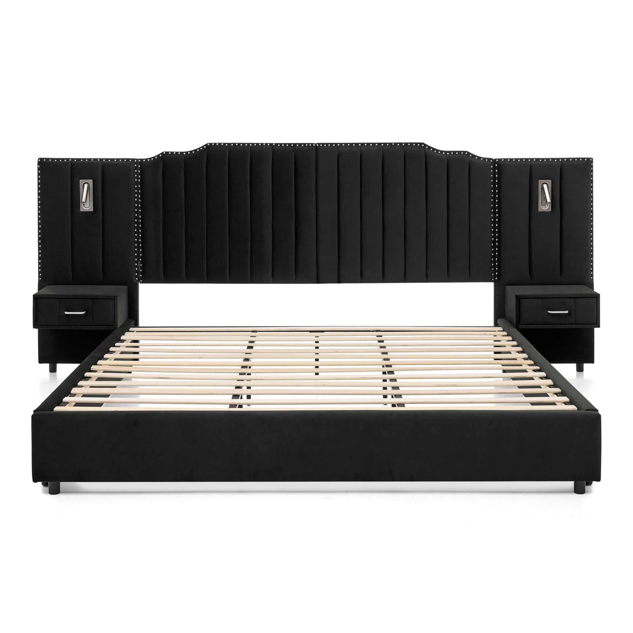 Noble House Neville 118" King Size Upholstered Bed Frame, Velvet Vertical Stripe Platform Bed with Lights, Black