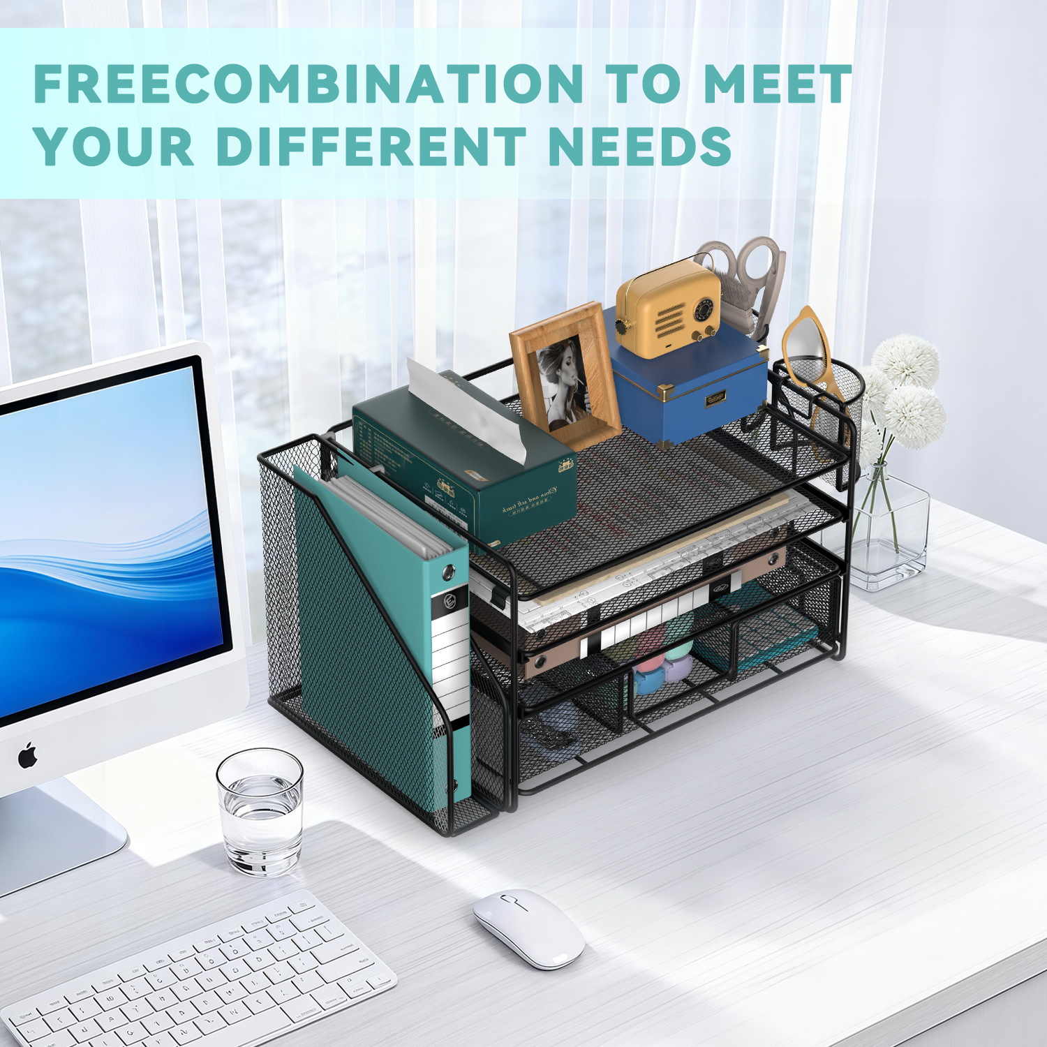 Desk Organizer and Accessories, 4-Tier Desktop File Organizer with Drawer and 2 Pen Holders, Office Desk Accessories & Workspace Organizers (Black)