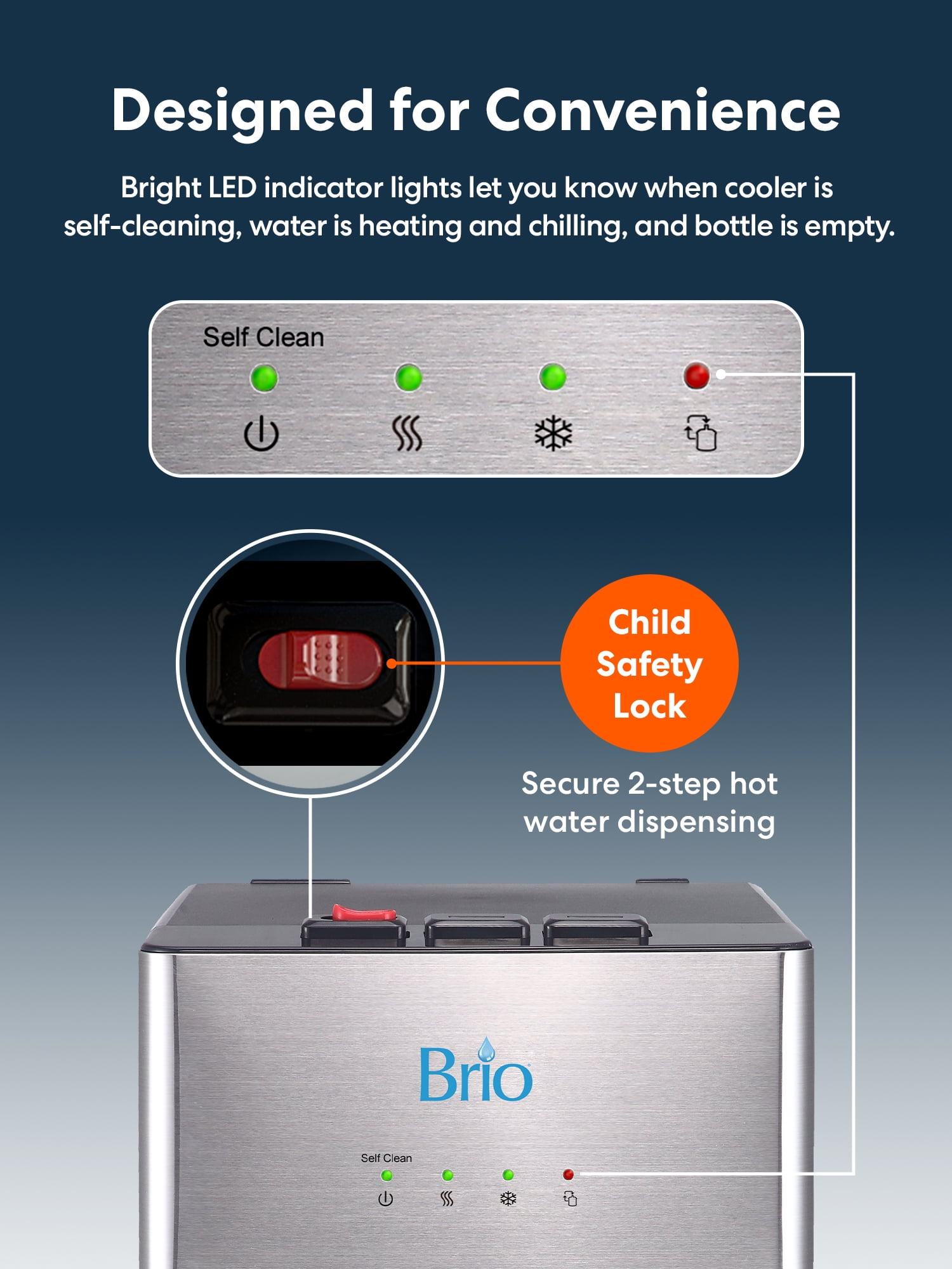 Brio 500 Series Self Cleaning Bottom Loading 3-5 Gallon Capacity Tri-Temperature Water Cooler Dispenser with Hot Water Up To 198 Degrees, Cold Water Down To 39 Degrees and Room Temperature Water