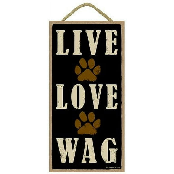 SJT Live Love Wag with Paw Prints Design Wood Sign Plaque Home Display (5" x 10") - Wooden Craft Art Wall Hanging Modern House Decor Plaques