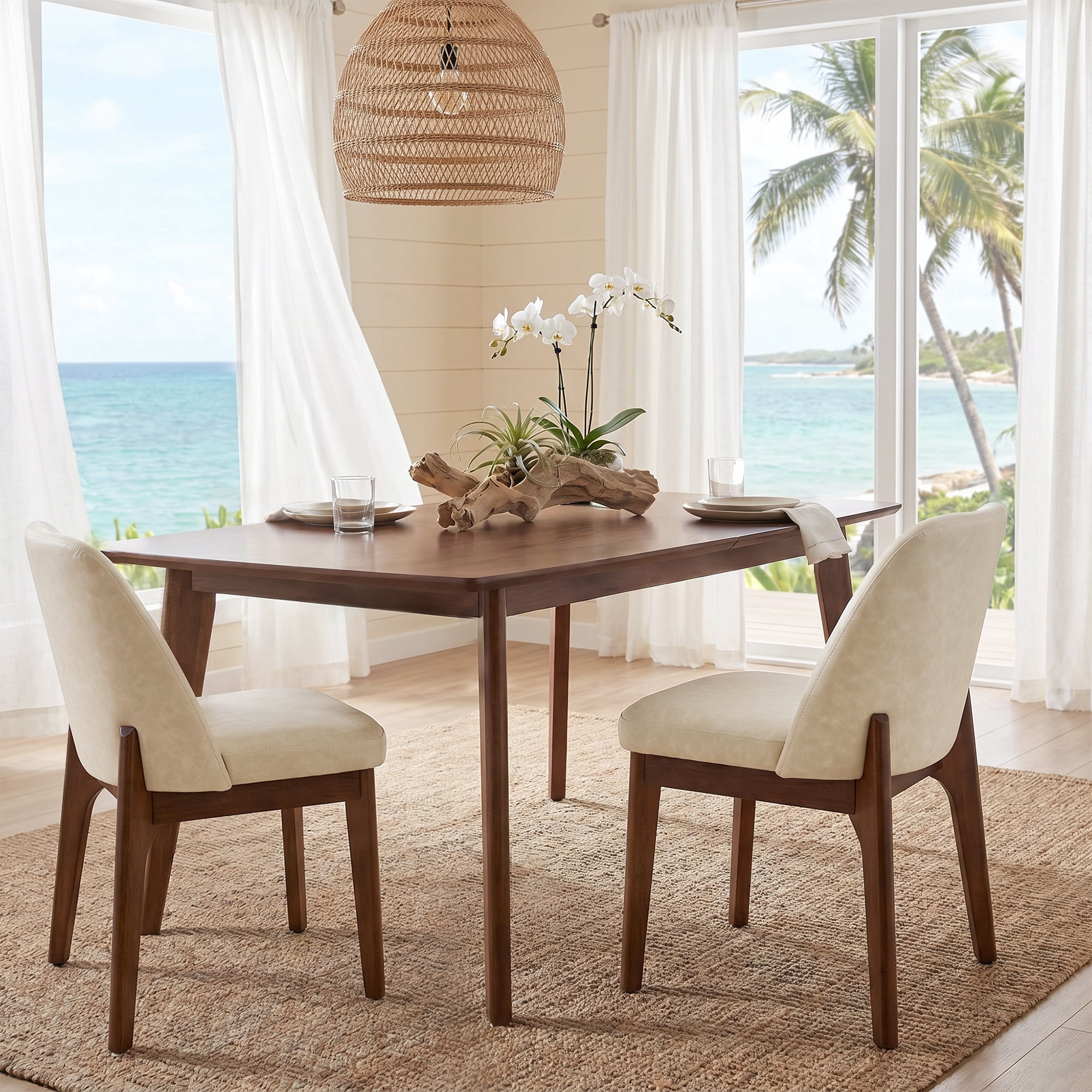 19.7" W Faux Leather Dining Chairs Set of 2, Modern Upholstered Kitchen Chairs with Solid Wood Legs, Easy Clean, Beige