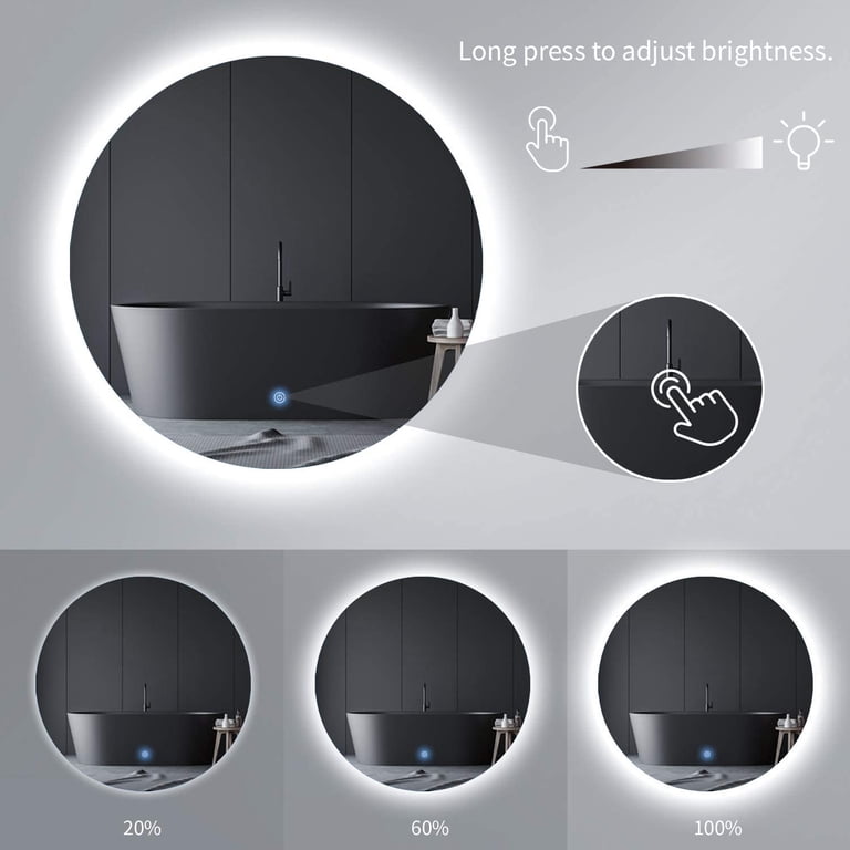 Ortonbath Round Bathroom LED Mirror 24 Inch Frontlit Anti-Fog 3 Colors Light Dimmable Wall Mounted Circle Vanity Mirror