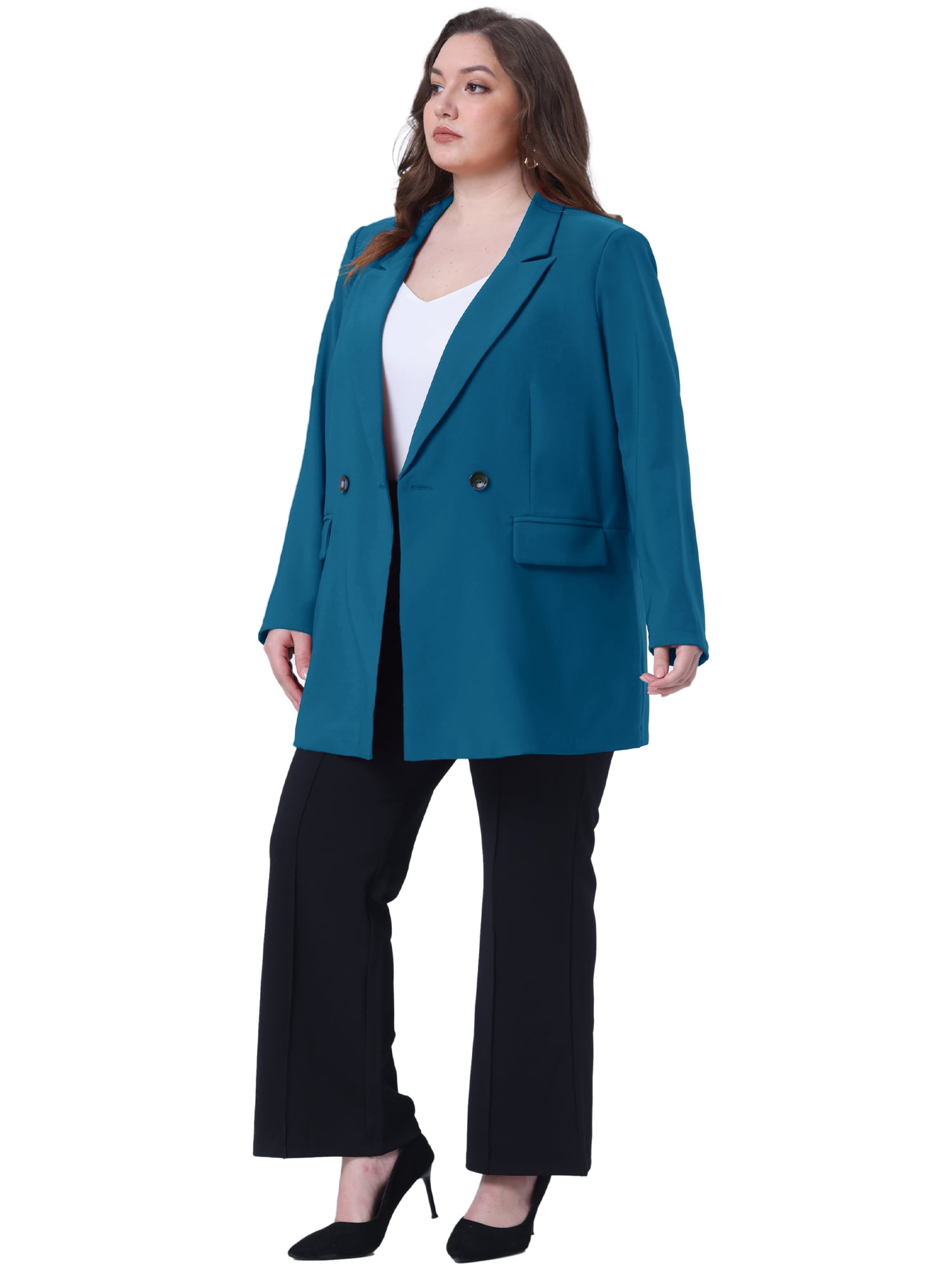 DARING DIVA Women's Plus Lapel Button with Pocket Jackets Long Blazer 1X Lake Blue