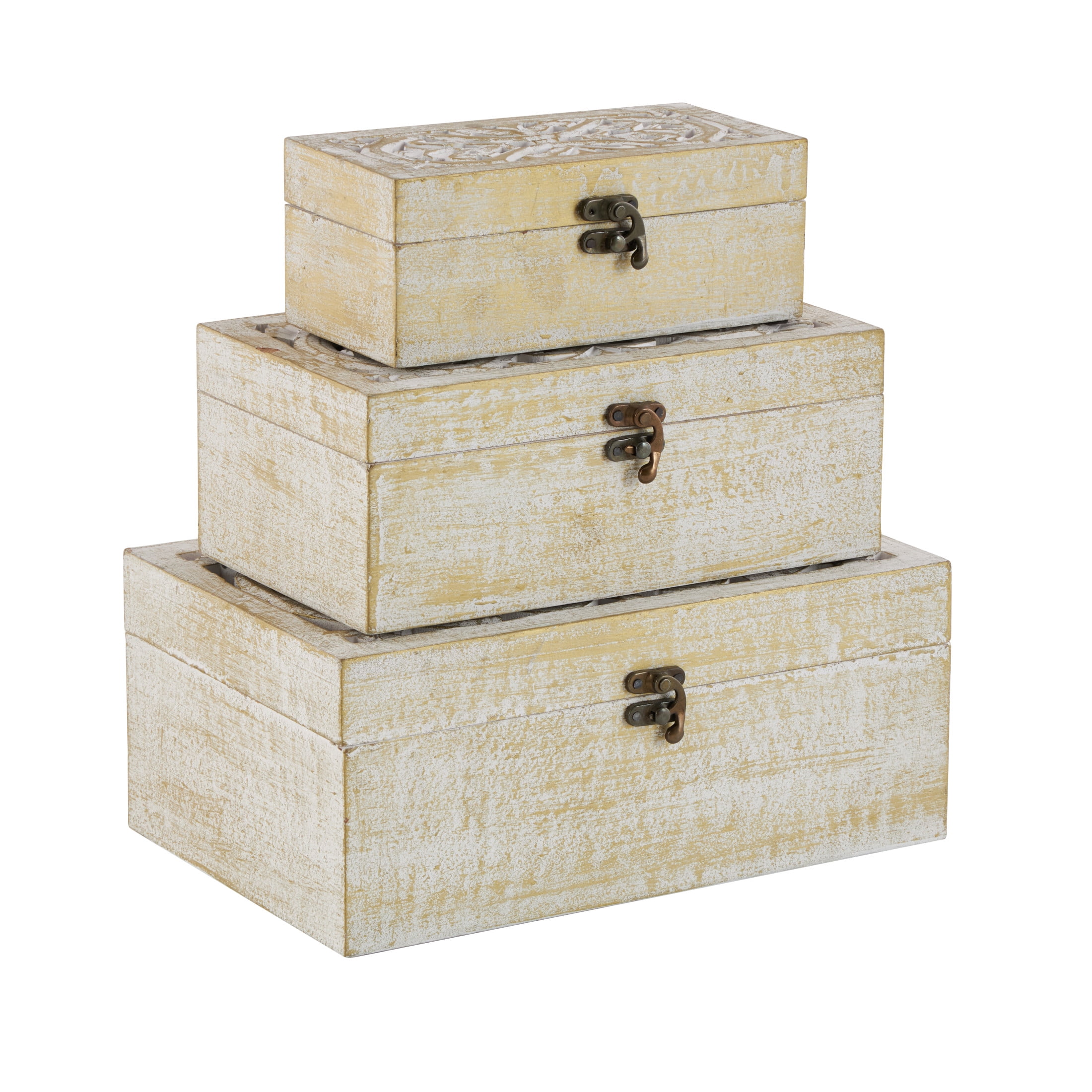 DecMode Floral Handmade White Mango Wood Decorative Box with Hinged Lid, 3 Count