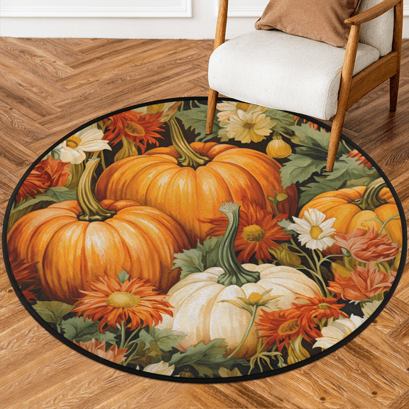 CURLYOOT Round Rug 3ft Pumpkin Flower Area Rug, Washable Circle Mat Non Slip Floor Carpet Mat, Thanksgiving Soft Indoor Rugs for Entryway Living Room Dining Room Bedroom