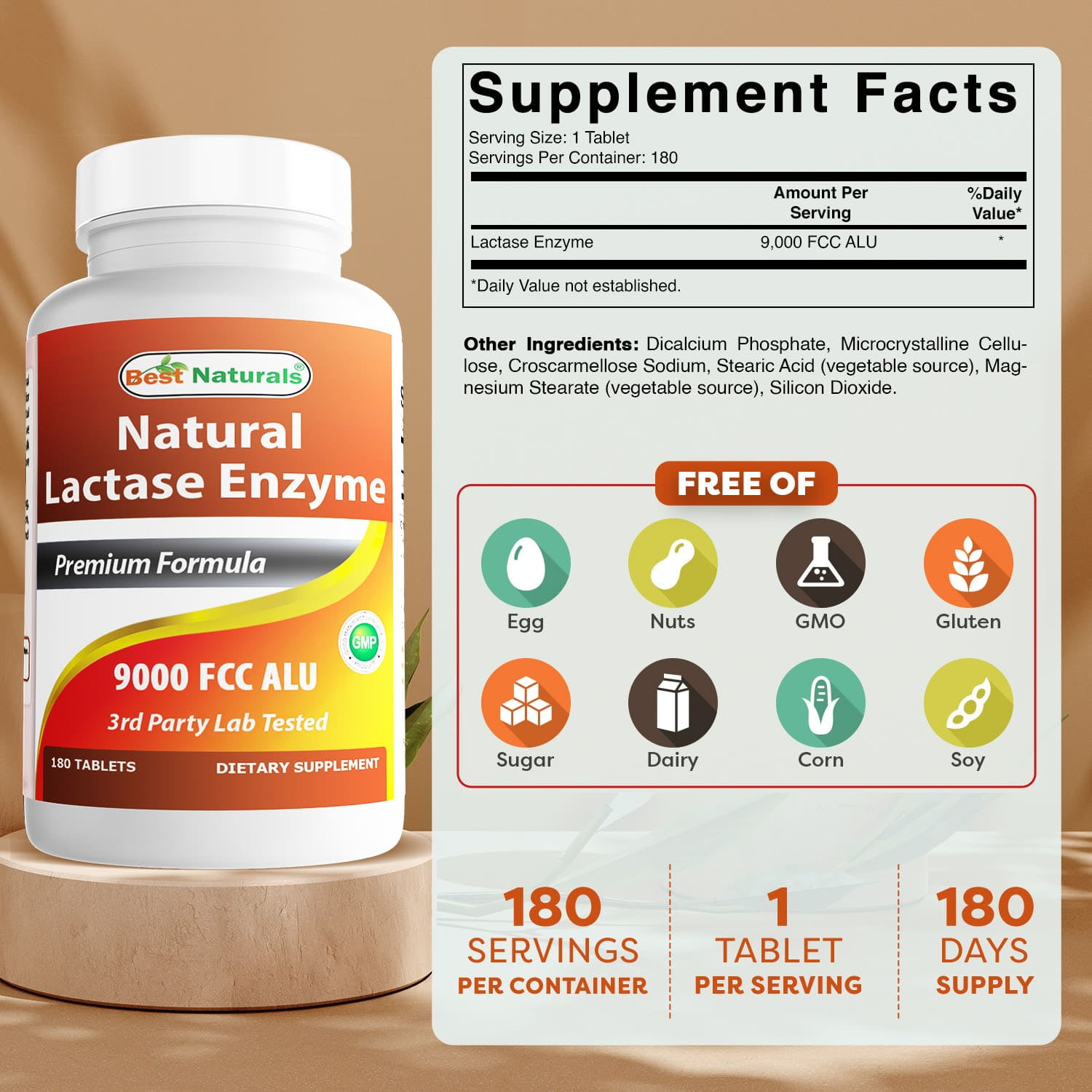 Best Naturals Natural Lactase Enzyme 9000 FCC ALU, 3 Pack, 180 Tablets