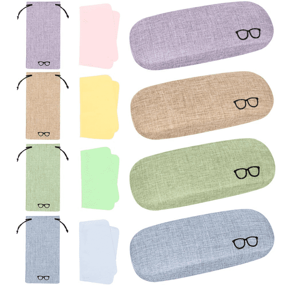YOPTOP 12 Pcs Linen Hard Shell Glass Case for Woman with 4 Cleaning Cloth and 4 Handbags Eyeglass Case Eye Glasses Case Sunglasses Case for Women Men Students Kids