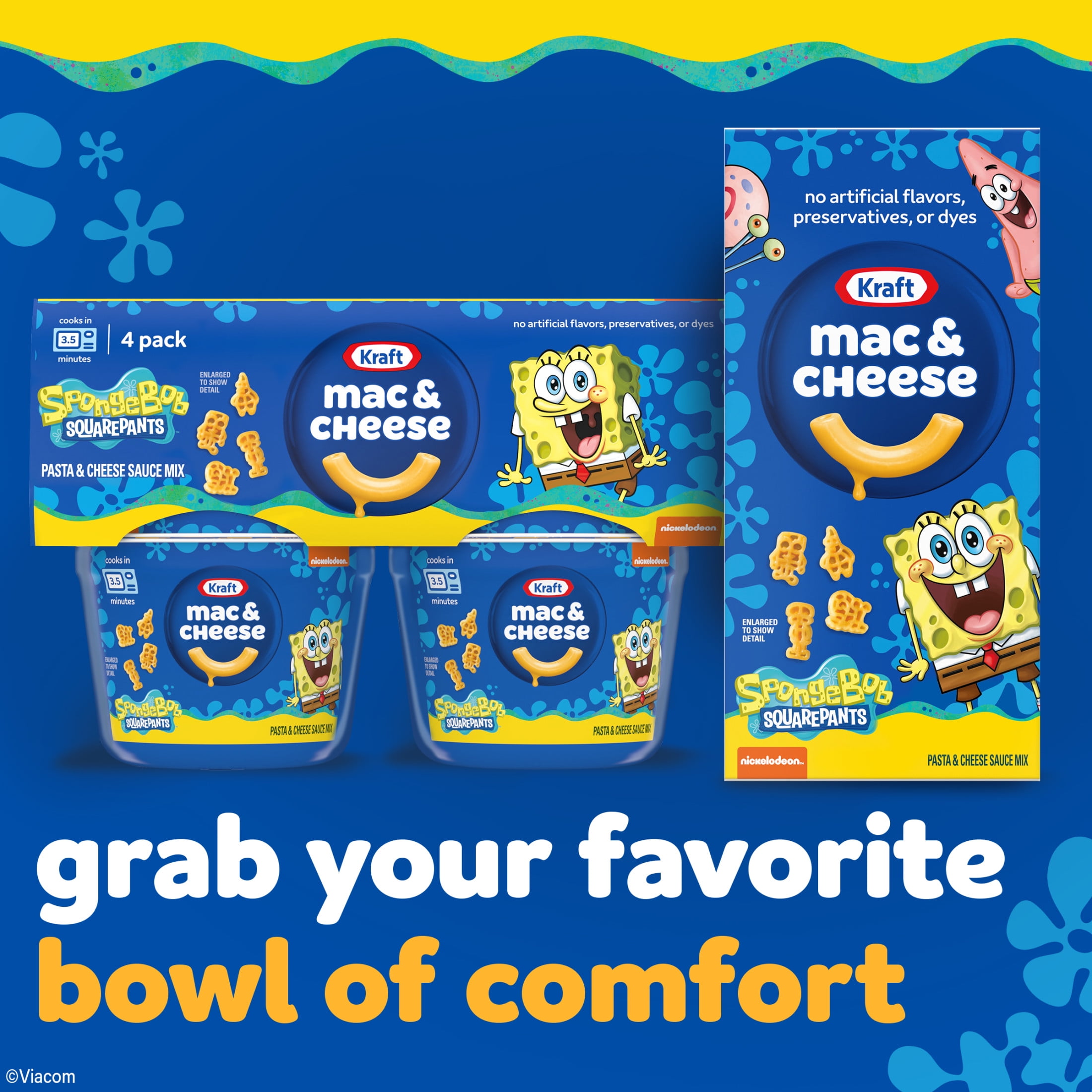 (6 pack) Kraft SpongeBob SquarePants Mac and Cheese, 4 Cups, for Easy Dinner or Dinner Sides, Original Flavor, No Artificial Flavors, Preservatives or Dyes, 1.9 oz