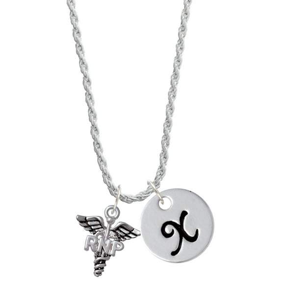 Delight Jewelry Silvertone Caduceus - RNP Silvertone Script Initial Disc - X - Charm Necklace, 20"+3"