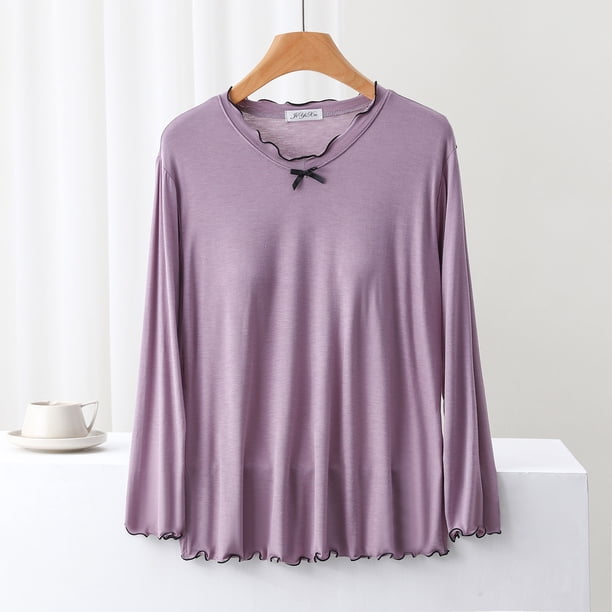 Blusa de pijama de manga larga para mujer, lisa, informal, a la moda, con cuello redondo, manga larga, para dormir, pijama para mujer