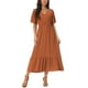 thumbnail image 2 of Vestido Boho de Mujer Inspire Chic con Volantes, Manga Corta, Cuello en V, Puntos Suizos, Cintura con Lazo, Midi, Talla M, Caramelo, 2 of 6