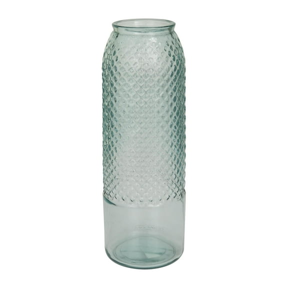 DecMode 17" Handmade Slim Spanish Light Blue Recycled Glass Vase with Textured Diamond Pattern