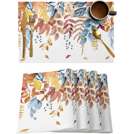

Fall Autumn Placemats for Dining Table- Watercolor Leaf Berry Plant Table Mats Washable Modern Outdoor Indoor Placemats for Home Party Wedding Holiday Decor Set of 4
