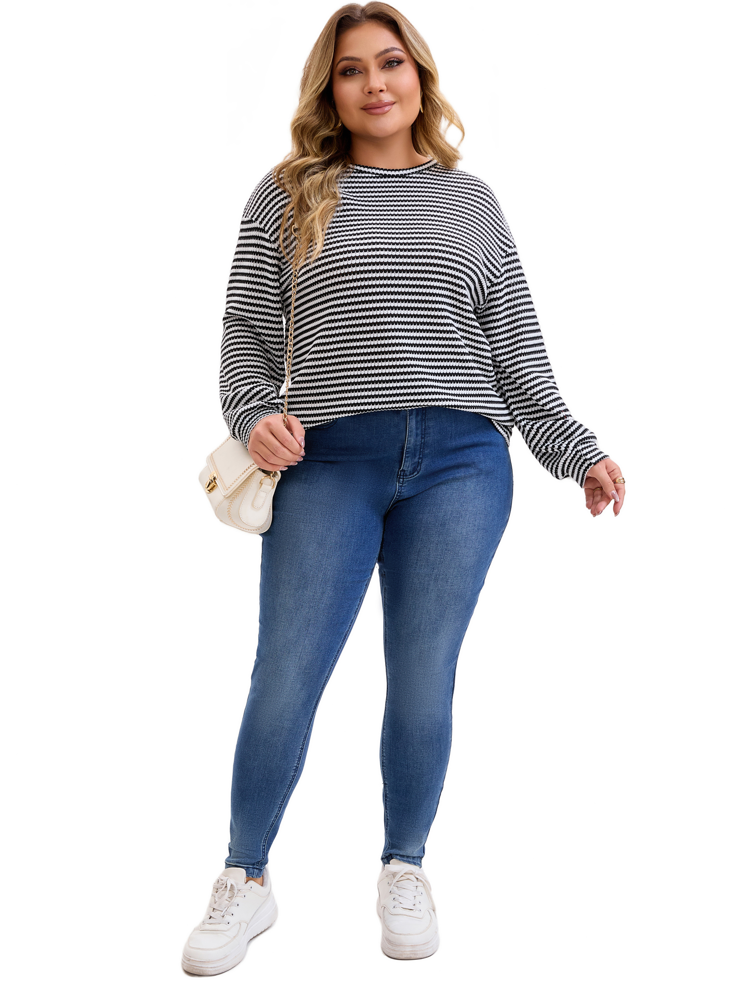 DARING DIVA Women's Plus Striped Crew Neck Long Sleeve Blouse 4X Black