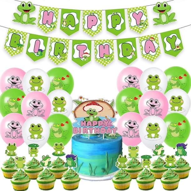 Frog Birthday Party Supplies, Frog Birthday Decorations Balloon Set with Happy Birthday Banner, Cake Toppers, Balloons and Tablecloth for Boys Girls 1