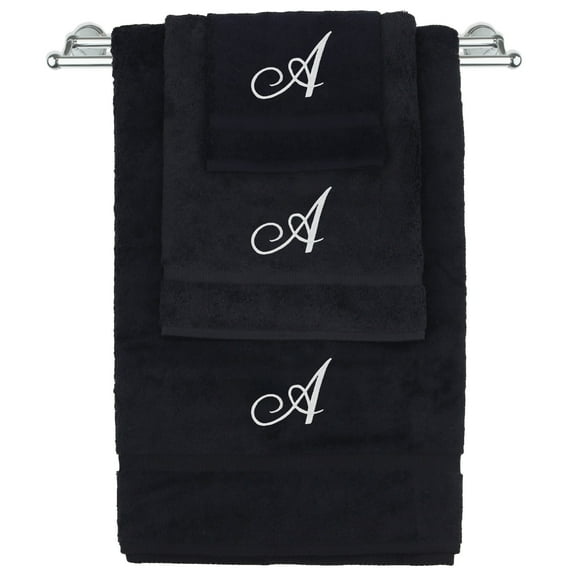 Monogrammed Towel Set, Personalized Gift, Set of 3- White Script Letter Embroidered Towel - Extra Absorbent 100% Turkish Cotton - Soft Terry Finish - Initial A Black