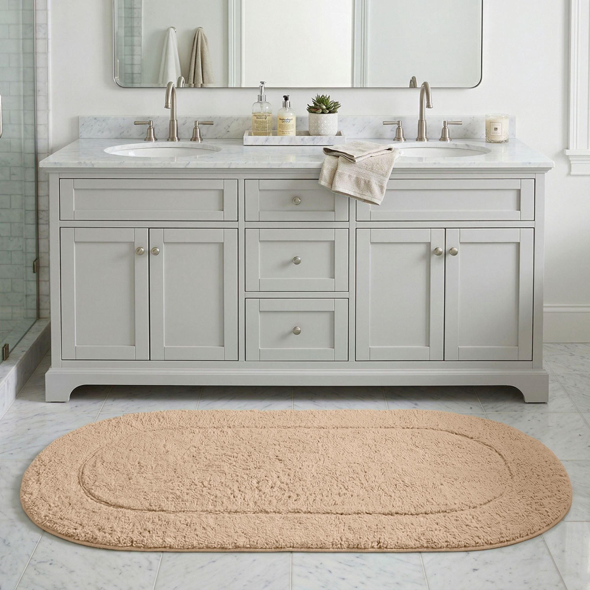 Superior Oval Bordered Cotton Washable Non-Slip Bath Rug, Runner Size, Taupe