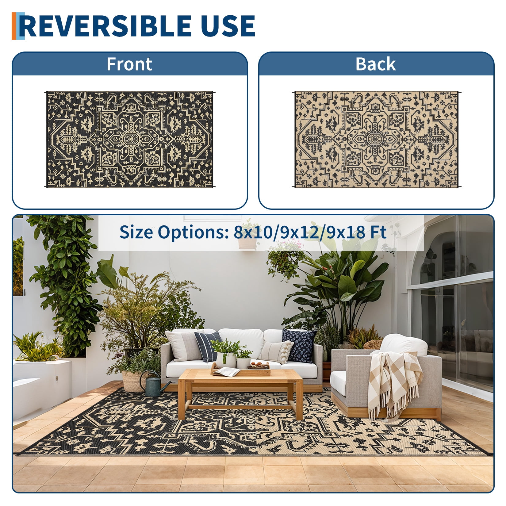 Garvee Large Waterproof Outdoor Rug, 9'x12' Reversible Plastic Straw Patio Rug Vintage Boho Camping Rugs UV-Resistant Outdoor Carpet for RV, Porch Deck Backyard Balcony, Black Coffee