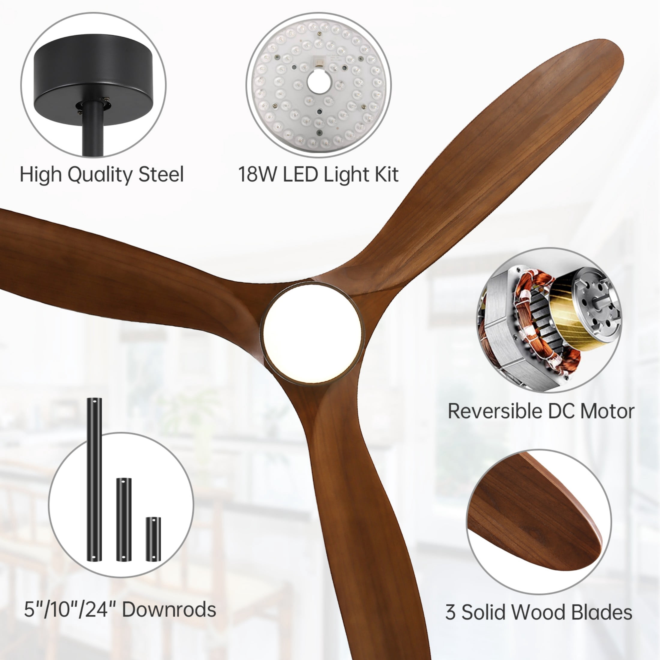 Sofucor 60" Black with Brown Blades Modern Ceiling Fan with Light and Remote