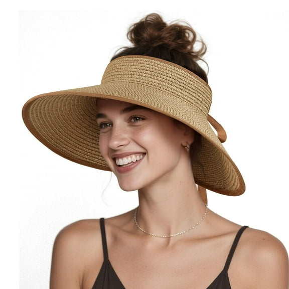 OZERO Women Sun Straw Visor Hat: Wide Brim Beach Hats Summer Ponytail Hat Foldable Packable UV Protection for Travel