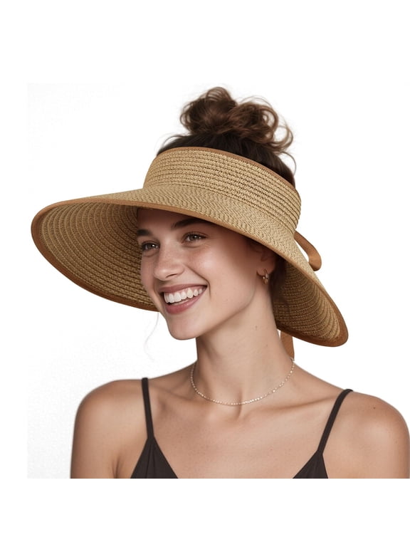 Women Sun Straw Visor Hat: Wide Brim Beach Hats Summer Ponytail Hat Foldable Packable UV Protection for Travel