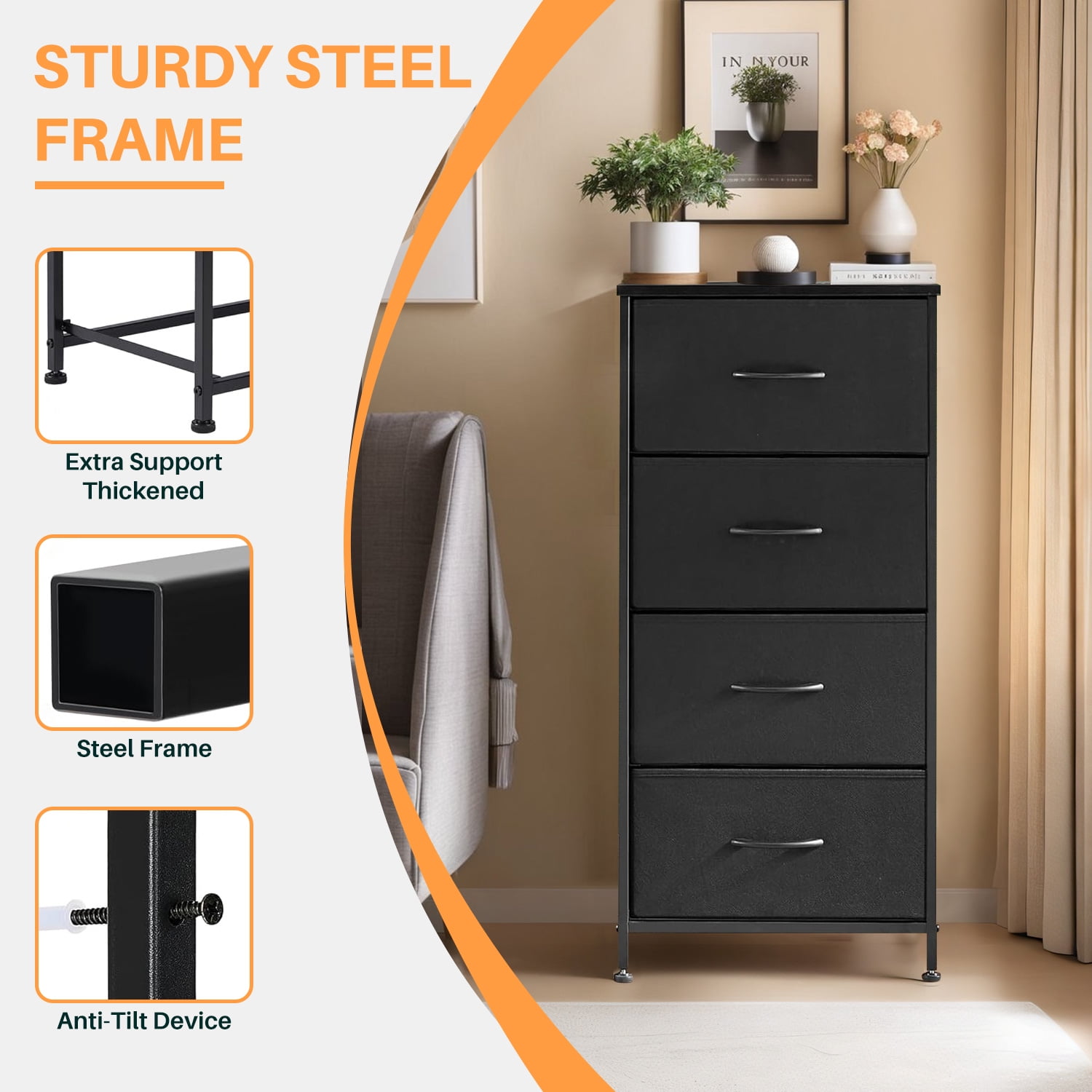 Simenmax 4 Storage Dresser for Bedroom, Wide Fabric Closet Chests Organizer Tower Furniture with Wooden Top Metal Frame for Clothes, Room, Living Room, Hallway, Entryway, Black