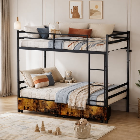 Alvantor Bunk Bed Twin over Twin for Kids, Metal Bunk Bed with Drawers, Converted Into 2 Twin Bed Black