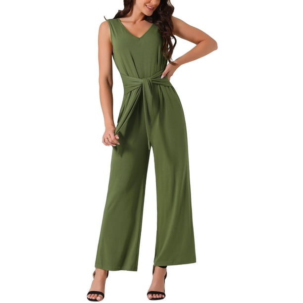 INSPIRAR CHIC Mono sin mangas para mujer con cintura ajustable, mono largo elástico con bolsillos en verde ejército