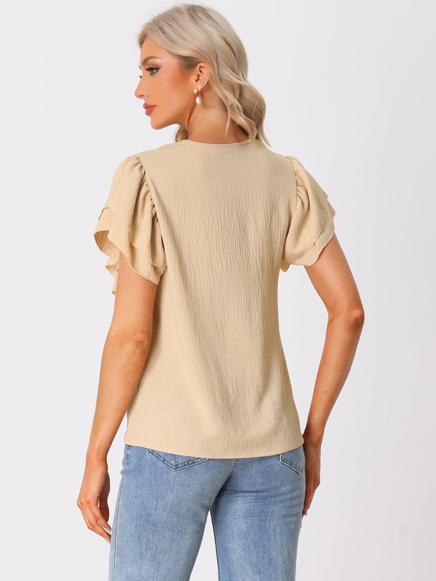 DARING DIVA Women's Ruffle Short Sleeve Elegant V Neck Blouse XS Khaki