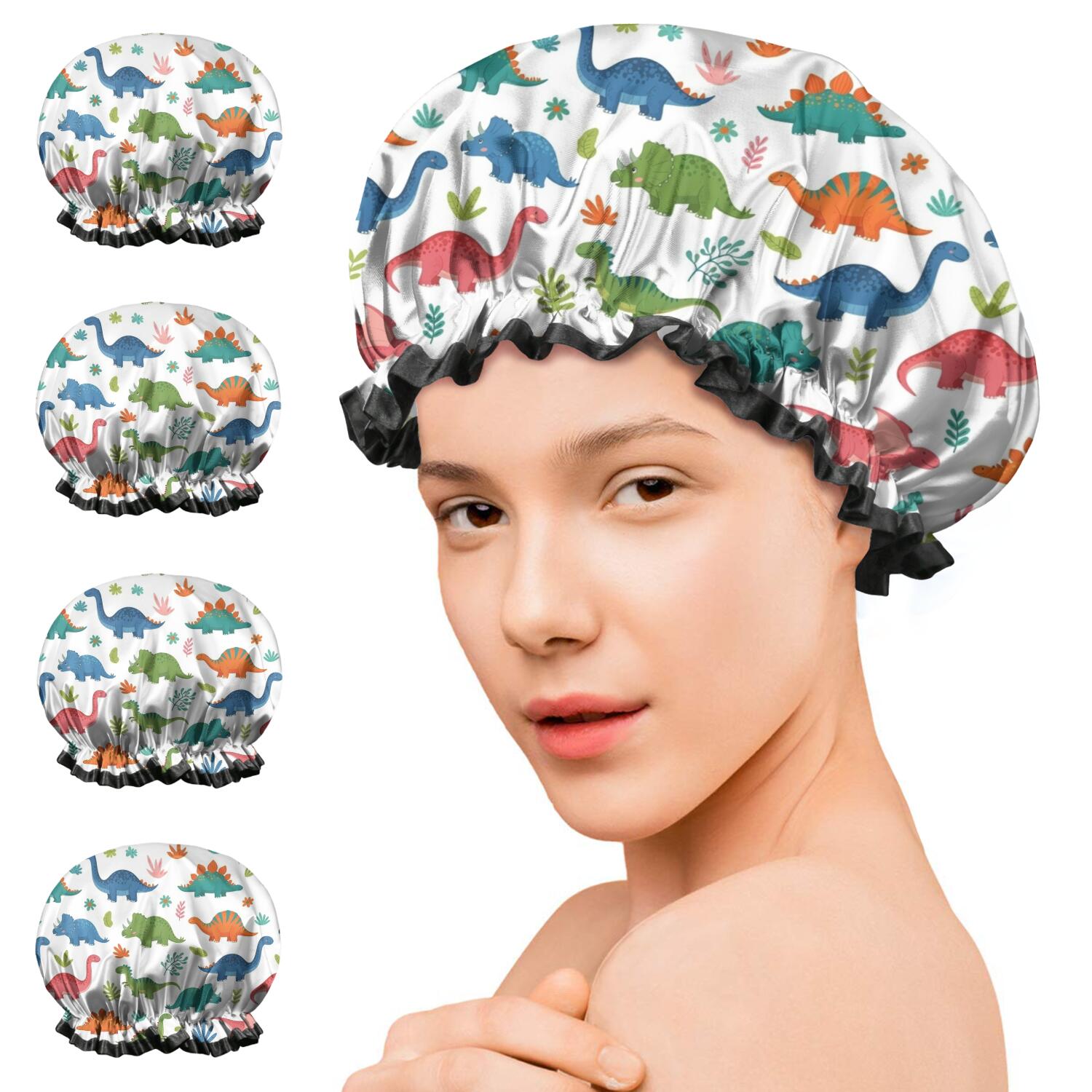 Shower Caps,White Colorful Dinosaur Plant Pattern Waterproof Shower Cap for Women 4 Pieces,Double Reusable Hair Cover for Shower PEVA Elastic Stretch Hem