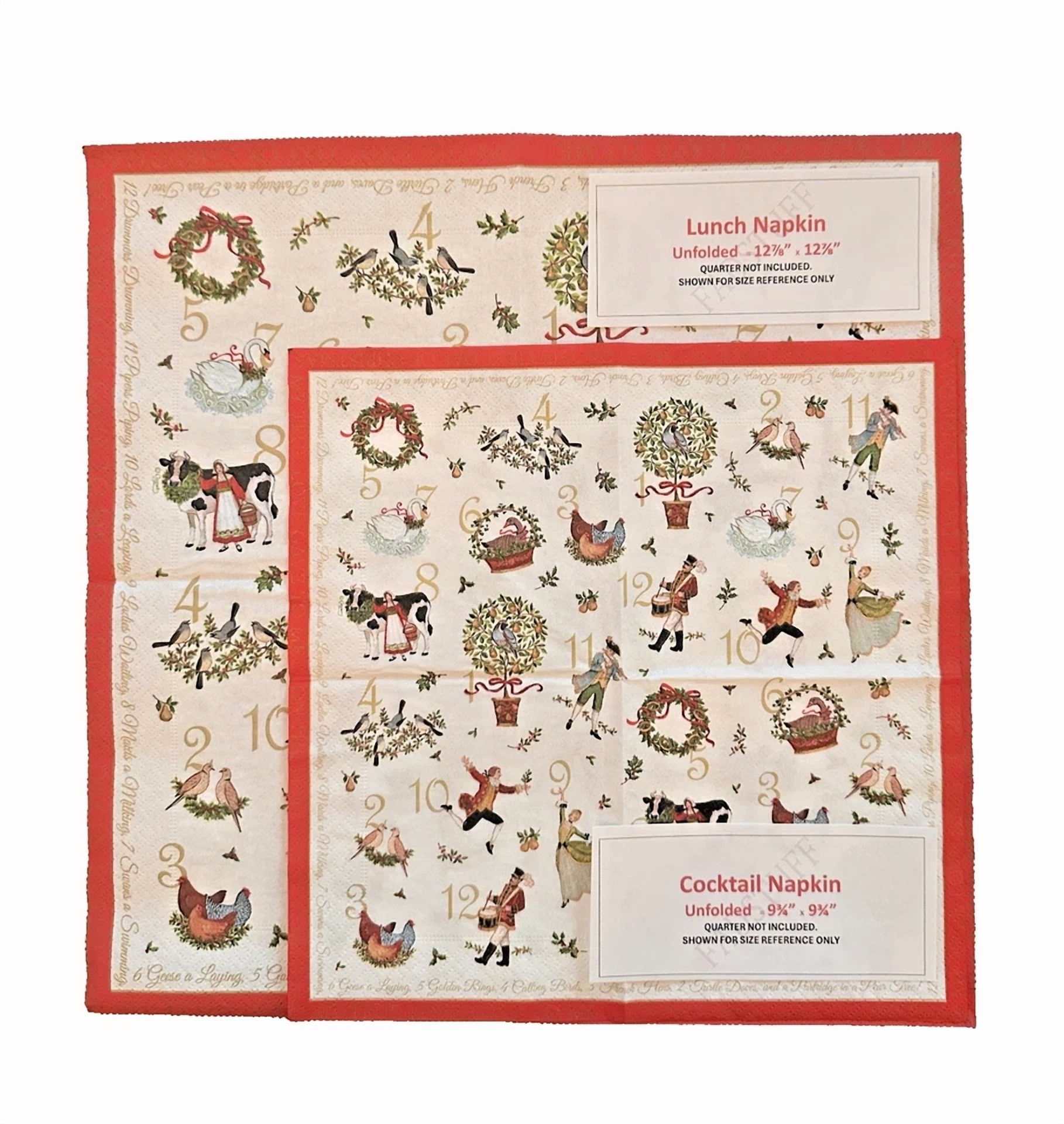PRIME - Twelve 12 Days Christmas Paper Cocktail Napkins For Oyster Shell Decoupage 5Pc