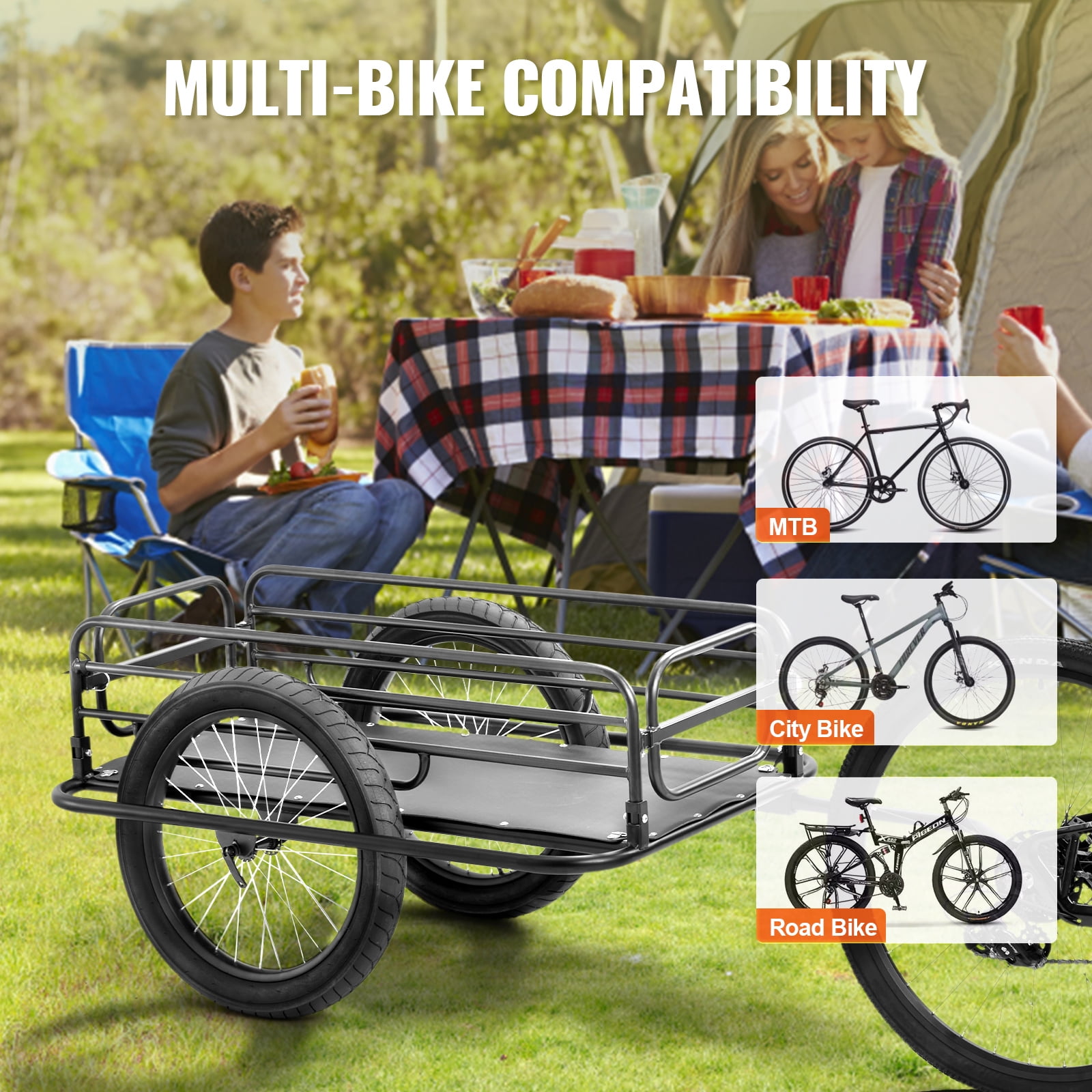 KFFKFF Bike Trailer for Cargo, 275 lbs Capacity, Sturdy Transport Carrier, Quick Fold & Store, Universal Bike Link, 20' Wheels, Fits Many Bike Types, Carbon Steel Build