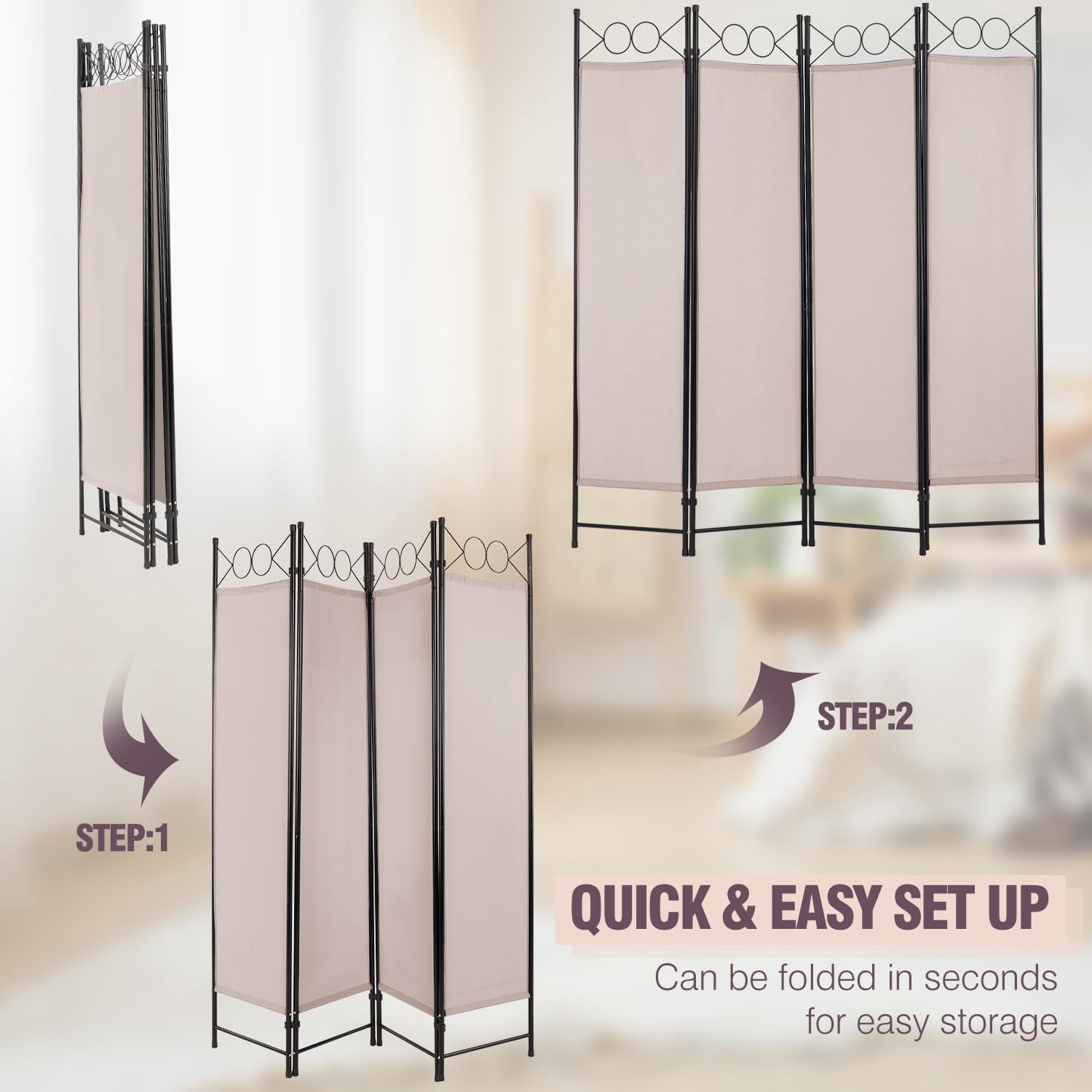 YRLLENSDAN Fabric Room Dividers and Folding Privacy Screens, Wall Divider for Room Separation, Folding Indoor Freestanding 4 Panels, Tan