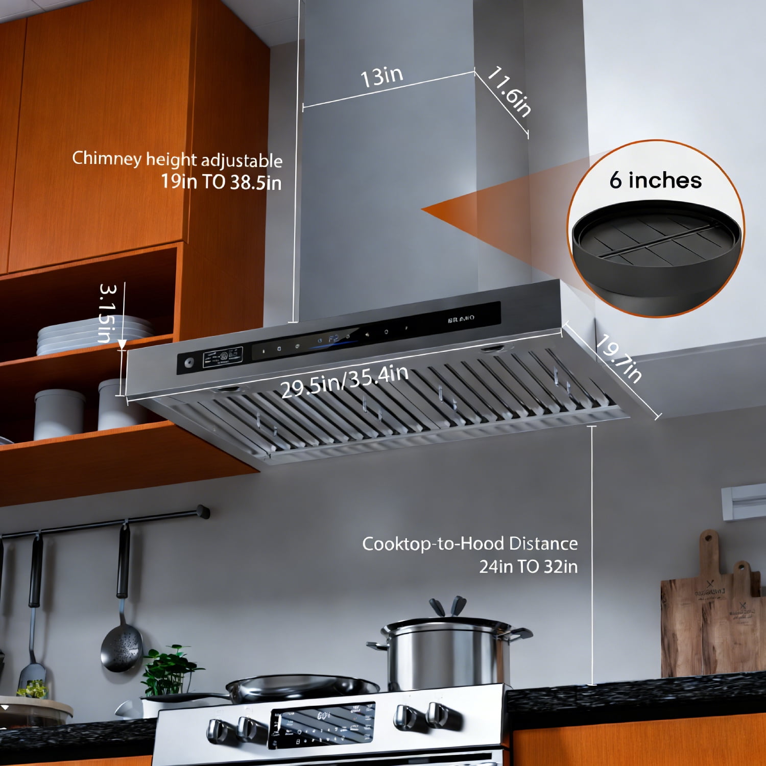 BRANO 36-inch Stainless Steel Wall Mount Range Hood for Large Cooktops, 1000 CFM, DC Inverter, Gesture Control, Quiet Ducted Ventilation